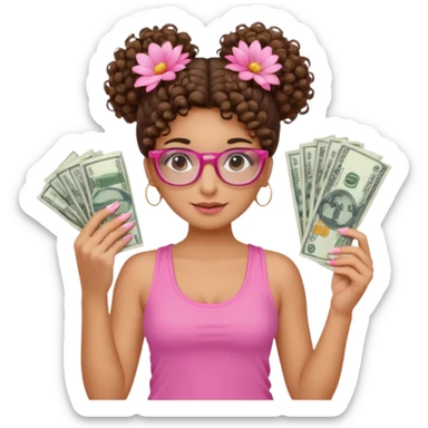 Uma menina com o cabelo cacheado com um Coque com baby hair, morena, e com uma regata rosa com um gloss na frente da regata ,com unha em gel,e com dinheiro na mão ,e com flores na outra mão,  com óculos  sticker