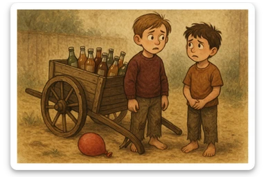 g'ildiragi singan ichimliklar ortilgan arava bir baloni singan uni yonida aka uka havotirli nigoh bilan bir biriga qarab turishibdi sticker