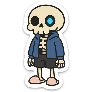 flat toon style short skeleton with blue jacket, black basketball shorts, light pink slippers, blue glowing left eye sticker