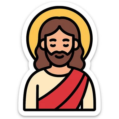 Jesus as a color icon, stylized with soft features, iconic robe, and a glowing halo sticker