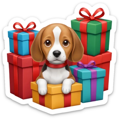beagle sat amongst the xmas presents sticker