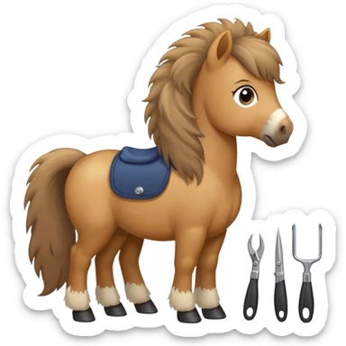 pony with grooming tools nearby sticker