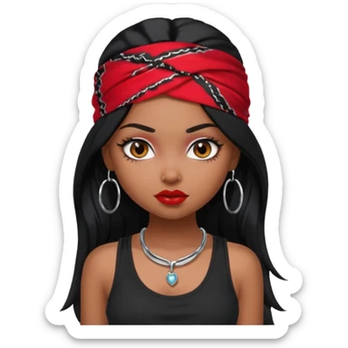 a pretty bratz dusky girl with long black hair, kajal under eyes, small silver hoop. black tank top on. Red bandana on sticker