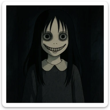 creepy girl, pale skin, long black hair, eerie smile, shadowy background sticker