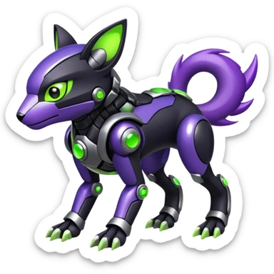 Futuristic modern cyborg badass cool shiny metallic alloy black-obsidian purple neon-green white lime animal hybrid Fakemon full body sticker