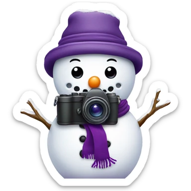 cute snowman with a purple hat and purple scarf holding a camera  sticker