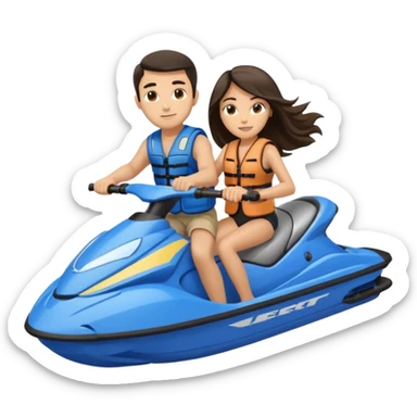 Light tan male dark hair & light tan female long dark hair on a blue jet ski no sunglasses sticker