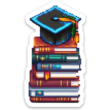 Terraria style pixel art stack of colorful books with a graduation cap on top sticker
