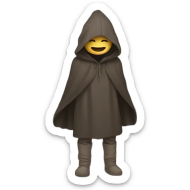 Guy with a hood covering his eyes, smiling and holding his hands together in a large droopy cloak sticker