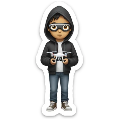 full body, male asian teenager in hoodie standing, holding a drone controller, wearing a goggle sticker