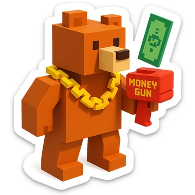 A grizzly bear with a chain and a money gun, voxel style, facing right sticker