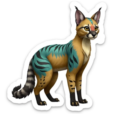 Colorful dark black gloomy spooky pointy foggy smoky points-marked tribal patterned glorious colorful hyper-realistic exotic cute cool beautiful beautiful fantasy-caracal-civet-genet-sergal-vernid-Gryphon-Cacomistle-Trico-oncilla-animal-Fakémon-hybrid-fursona (full body) sticker