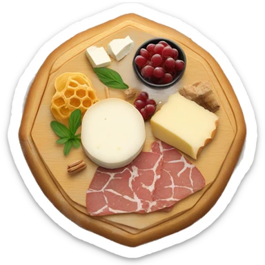 Charcuterie board with brie cheese wheel and honeycomb sticker