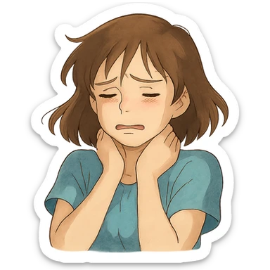 ghibli style girl with a pained expression, hands gently at her neck, soft lighting, emotional focus sticker