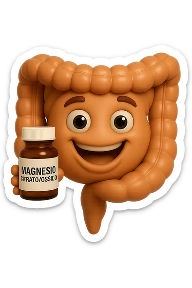 emoji stile iphone 3d di intestino umano felice che tiene in mano una boccetta di magnesio con la scritta "MAGNESIO CITRATO/OSSIDO" SULL'ETICHETTA , iperrealistico 4k sticker