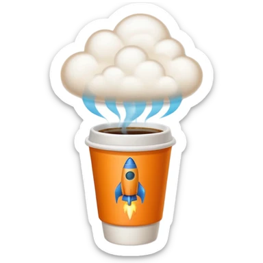 Emoji-style sticker of a takeaway coffee cup with rocket thrusters launching, steam forming a tiny cloud, playful but minimal, bold outline, soft shadows, flat 2.5D, glowing exhaust, transparent background, no text, high-res. sticker