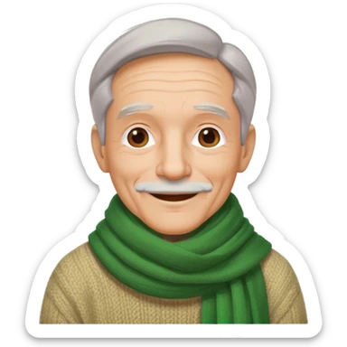 old man with big green scarf and layered sweater warm smile sticker