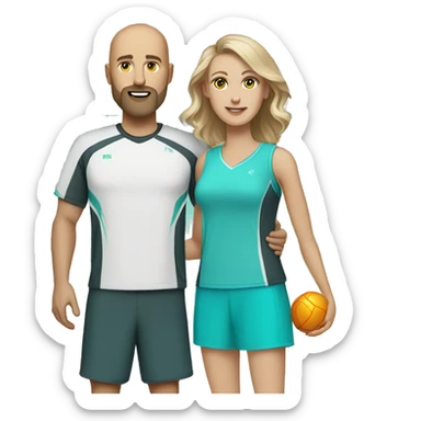 White couple, 35 yro, in pickleball clothes. Male bald= aqua eyes, beard, white, bald, and aqua eyes. Female = long light brown hair, aqua eyes.  sticker