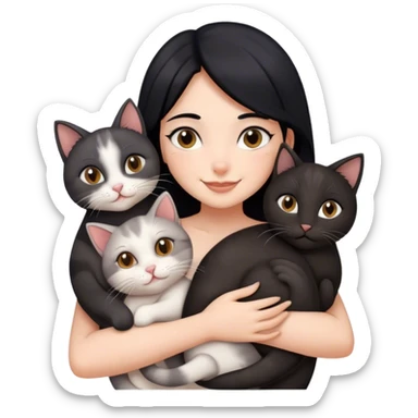 happy girl with black hair hugging three cats  (black cat, gray cat, brown calico cat) sticker