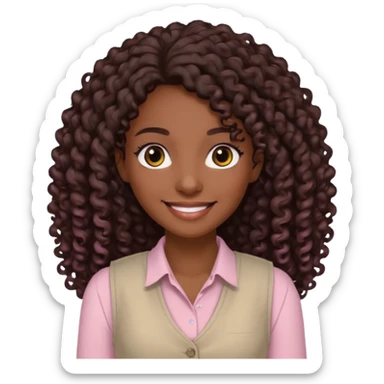 mujer morena, pelo rizado largo, sonriendo, con ojos grandes y marrones con camisa rosa palo y un chaleco blanco sticker