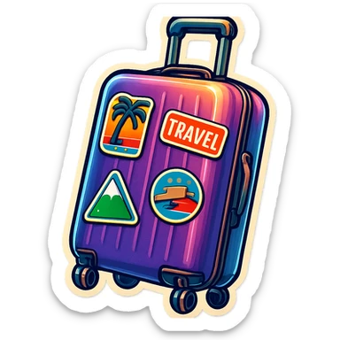 ribbed travel suitcase with handle and wheels, shown at a slight angle or being held in a hand, retro sticker style with color, bold outlines, sharp blocky shadows and highlights, no gradients, decorated with colorful travel stickers, emphasize crisp graphic light and shadow shapes sticker