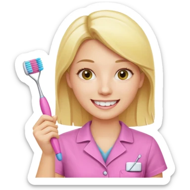 dentista mulher, loira, pele branca, camisa rosa, segurando uma escova de dentes amarela e sorrindo transmitindo verdade e confiança sticker