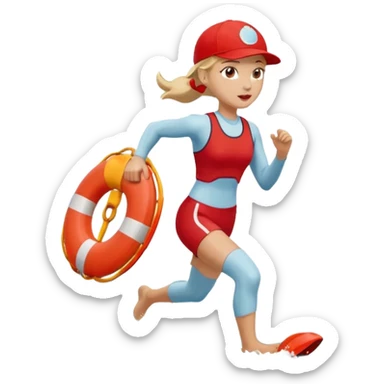 Female lifeguard – red cap, running along shore with rescue buoy sticker