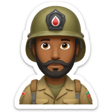 very tired, dark, Iraqi soldier in a helmet, helmet without insignia, with a beard sticker