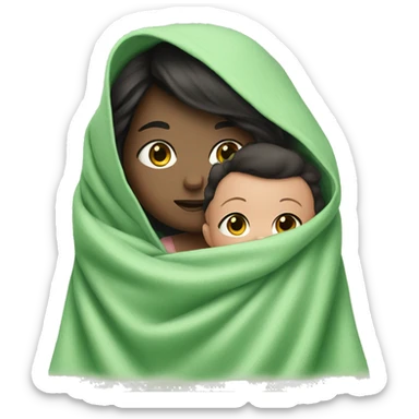 dark hair girl under a baby green blanket with blush  sticker