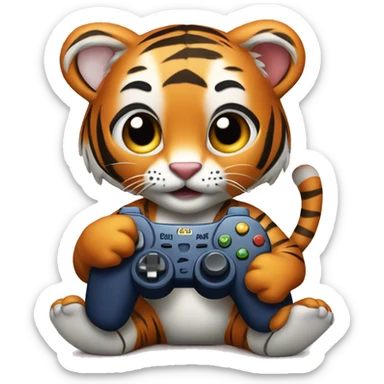 Cartoony baby tiger holding a gmeing controler sticker