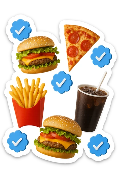 fast food realistico fluttua in aria insieme a spunte di verificato in 3d sticker