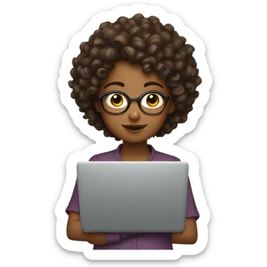 Short curly haired brown girl with laptop sticker