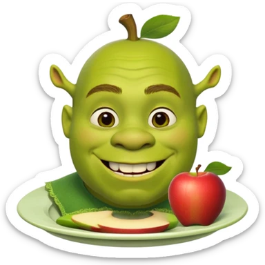 shrek on a plate with an apple in his mouth sticker