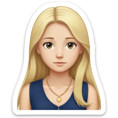 white skinny girl with long blonde hair straightened with a MIDDLE part. She is wearing a sleeveless navy blue Henley shirt with a small dainty girly gold necklace sticker