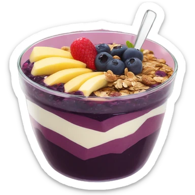 Açaí in a clear cup with layers of fruits and granola and condensed milk sticker