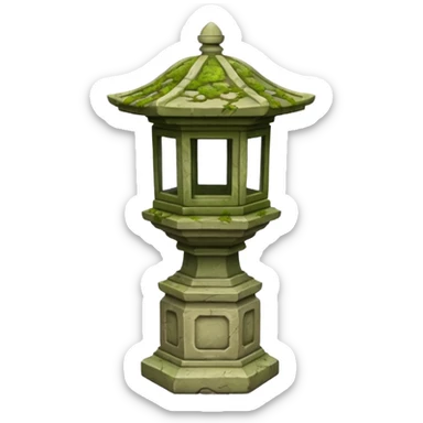 Stone Lantern – Carved lantern on pedestal, moss-covered. sticker