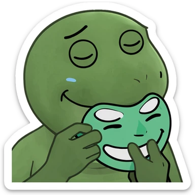 a smiling face holding a mask of crying face sticker