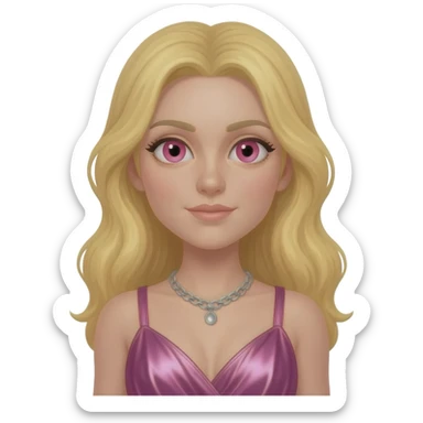 Aphrodite from Greek Mythology with pink eyes, long blonde hair, pink metallic coal dress, silver necklace sticker