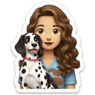 A girl with long wavy brown hair and brown eyes holds a Dalmatian dog. sticker