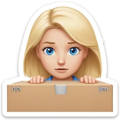 blonde woman with blue eyes and blonde hair pushing a moving box with a struggling face  sticker