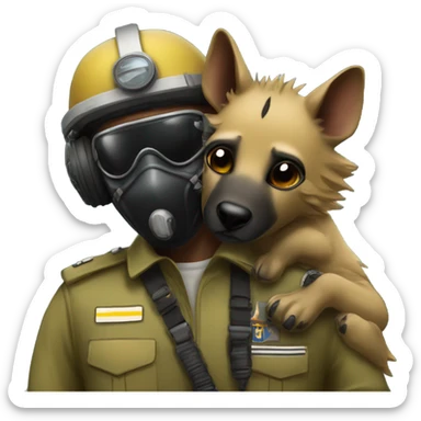 Yellow army Pilot with black mask googles, and then a big hyena kissing him sticker