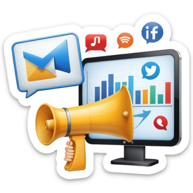 An icon featuring a megaphone, a billboard, and social media icons, symbolizing advertising and public relations. The design includes a press release and a rising graph, representing brand promotion and communication strategies. Transparent background highlights media influence and outreach. sticker