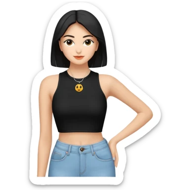 Siyah uzun saçlı siyah ceket  polar ceket ceket gevşek biraz omzundan çıkıyormuş gibi ve bugday ten rengi soltaraftaki omzundan çıkık sadece içinde de siyah crop var crop açık esmer esmer ceketin içinde siyah crop var ceket fazla omzundan çıkmasın  sticker