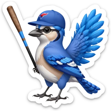 bluejay standing with baseball bat, wearing toronto blue jays baseball hat, background Canada Flag 
 sticker