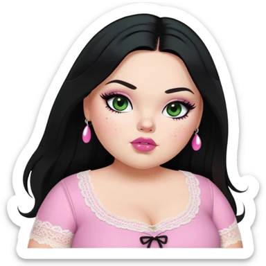 big fat plus size, pretty bratz girl, black straight hair, freckles, dark green eyes, pink lips, black eyeliner, pale skin, cute lace girly clothes sticker