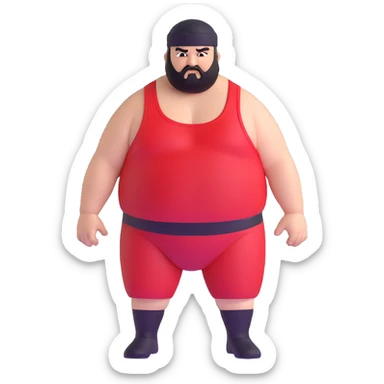 Extreme close-up of face of morbidly obese white skin guy with young face, prominent BLACK DURAG tied clearly on head, distinct black beard and mustache, black eyes in a red and black wrestling singlet with angry expression sticker