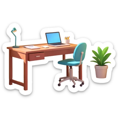 A desk by the window with summer sunshine in the background. On the desk, there is a laptop, a cup of iced coffee, and a small plant. An opened book is also present. sticker