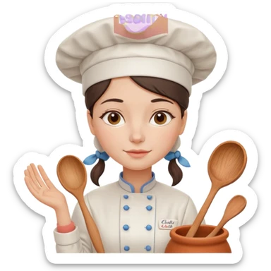 cartoon Apple iOS emoji style woman, pastel colors, Chilean wooden kitchen background, clay pots, warm light, detailed and clean vector art sticker