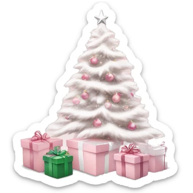 Light pink Christmas gifts under a white Christmas tree sticker