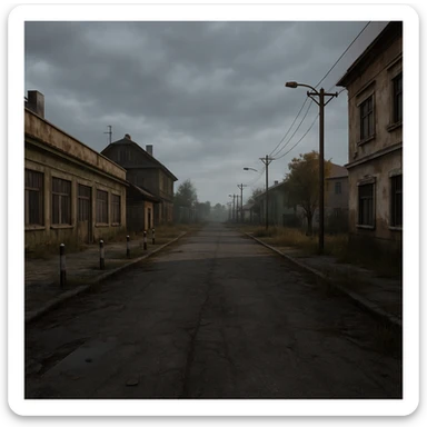 a view of the city street in a videogame: DayZ - in the town of berezino [no text contained in the image] sticker
